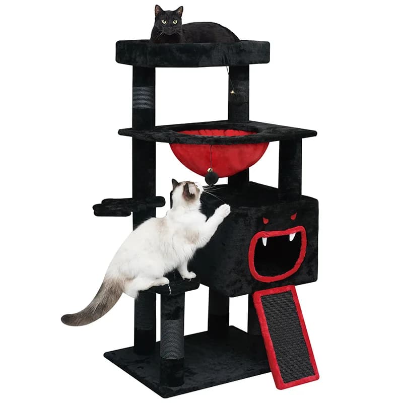 Albero per Gatti Gotico con Tiragraffi in Sisal, Cuccia a 4 Livelli in Flanella, Nero, Arredamento per Animali Domestici, 120 cm, Imballato in Cartone, Halloween, per Gatti da Interno