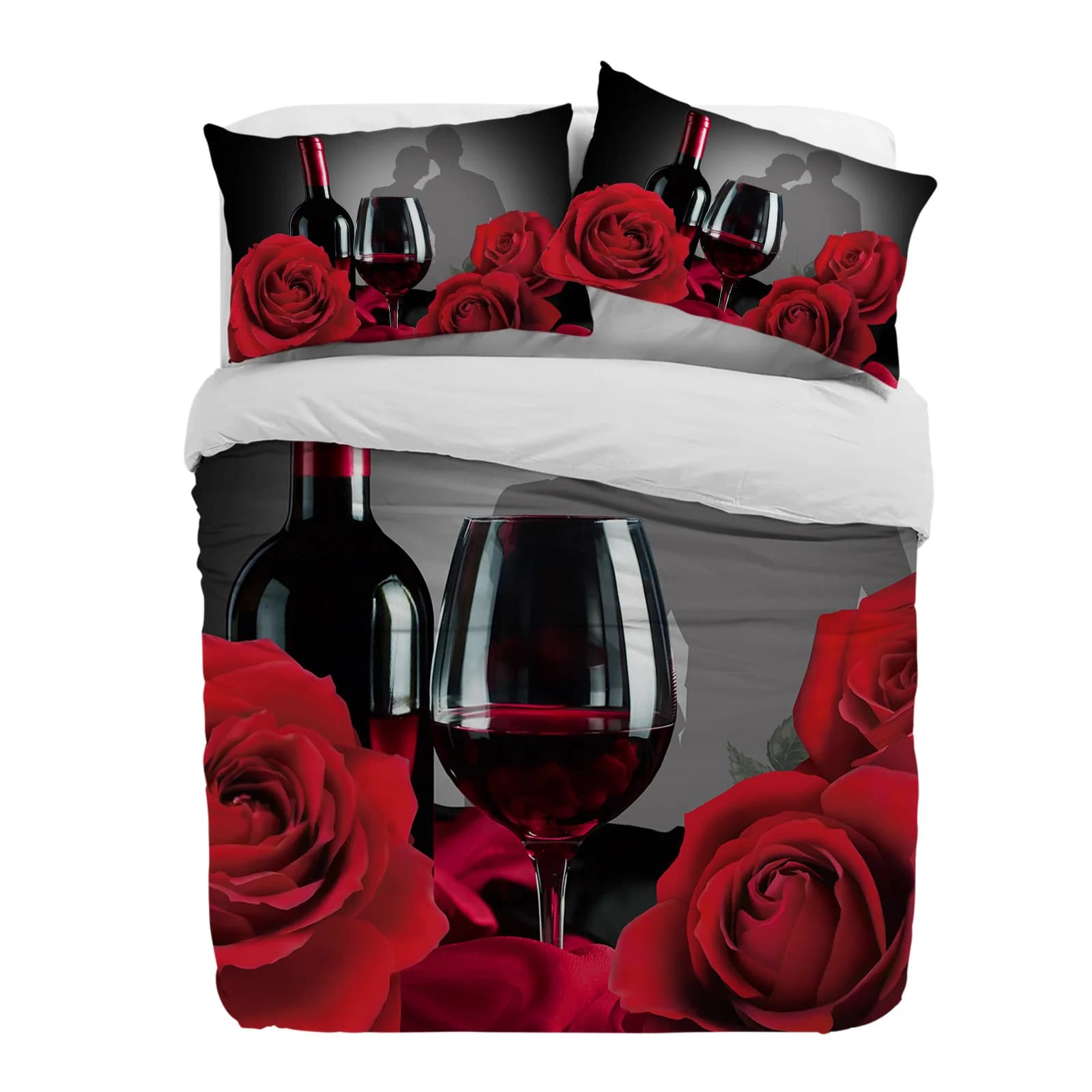 San Valentino Fiore di rosa Vino rosso 3 pezzi Set biancheria da letto per letto matrimoniale Tessili per la casa Copripiumino Copripiumino Federa