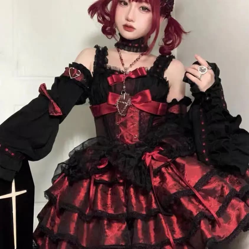 Abito Lolita Spice Jsk nero e rosso Festa di compleanno Abito da principessa Lolita Sweet and Lovely Pure Desire