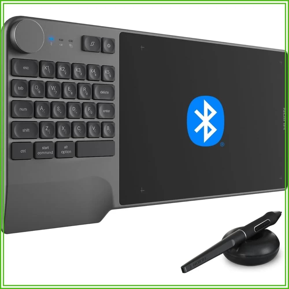 Wireless Drawing Tablet with Keyboard Dial, 5 Custom Keys, Battery-Free Pen, 8.9x5.6in, for Windows/Mac/Android