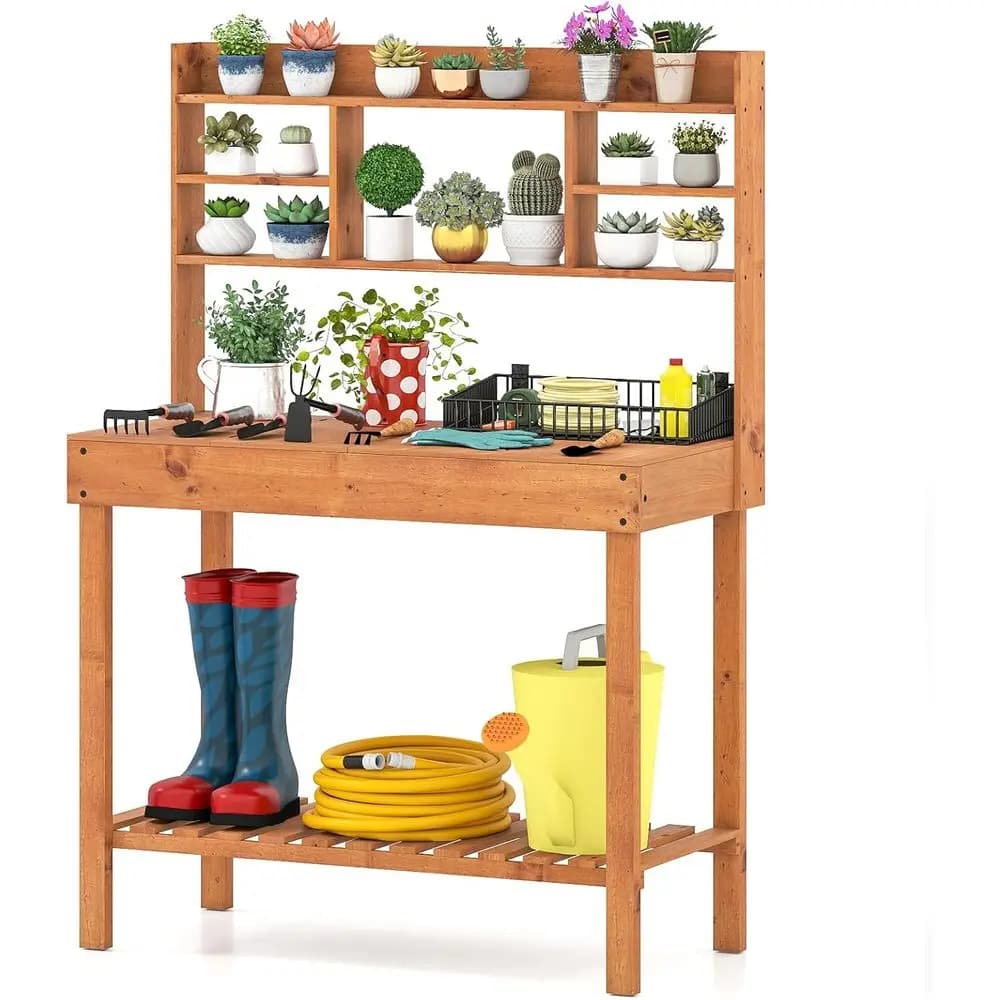 Panca da Giardino in Legno per Esterni con Tavolo Bordo Rialzato, Ripiani Portaoggetti, Espositore per Piante da Patio, Portico e Balcone (Marrone)