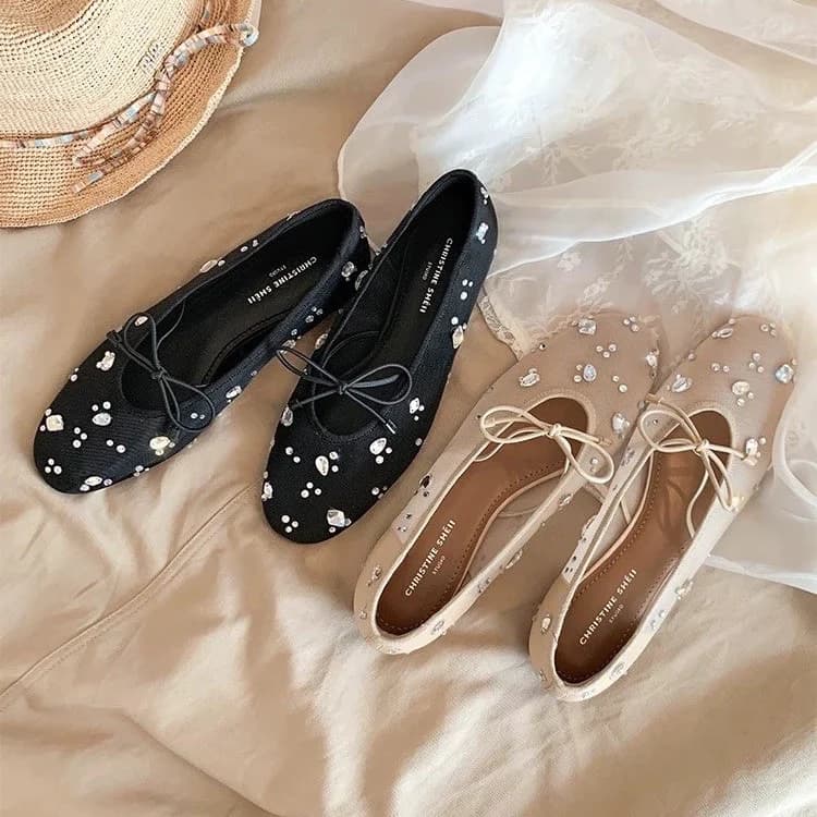 Scarpe Mary Jane con Fiocco in Rete e Strass per Donne, Ballerine