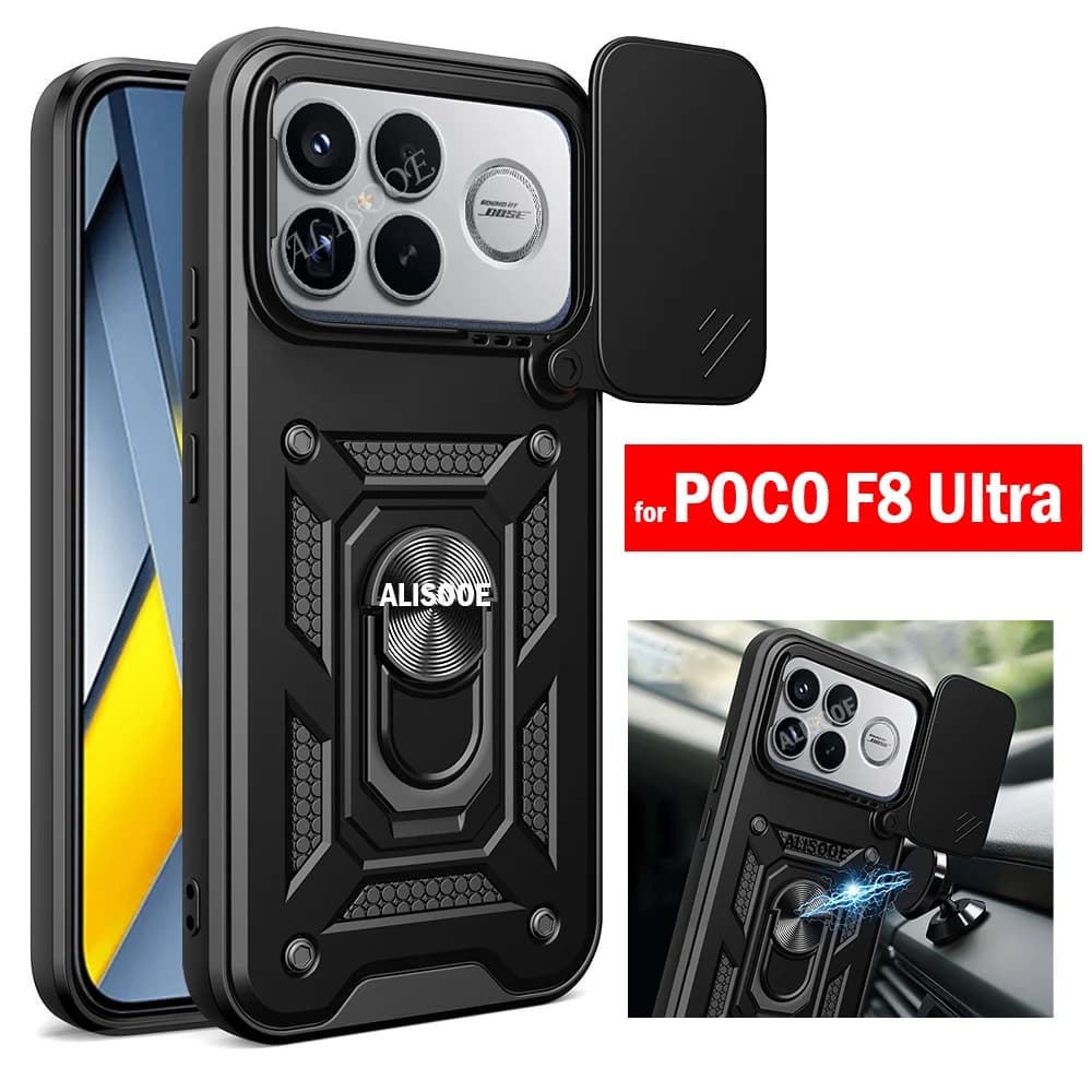 Slide Lens Capa for xiaomi POCO F8 Ultra Case Magnetic Ring Kickstand Holder Shockproof Phone Cover Funda