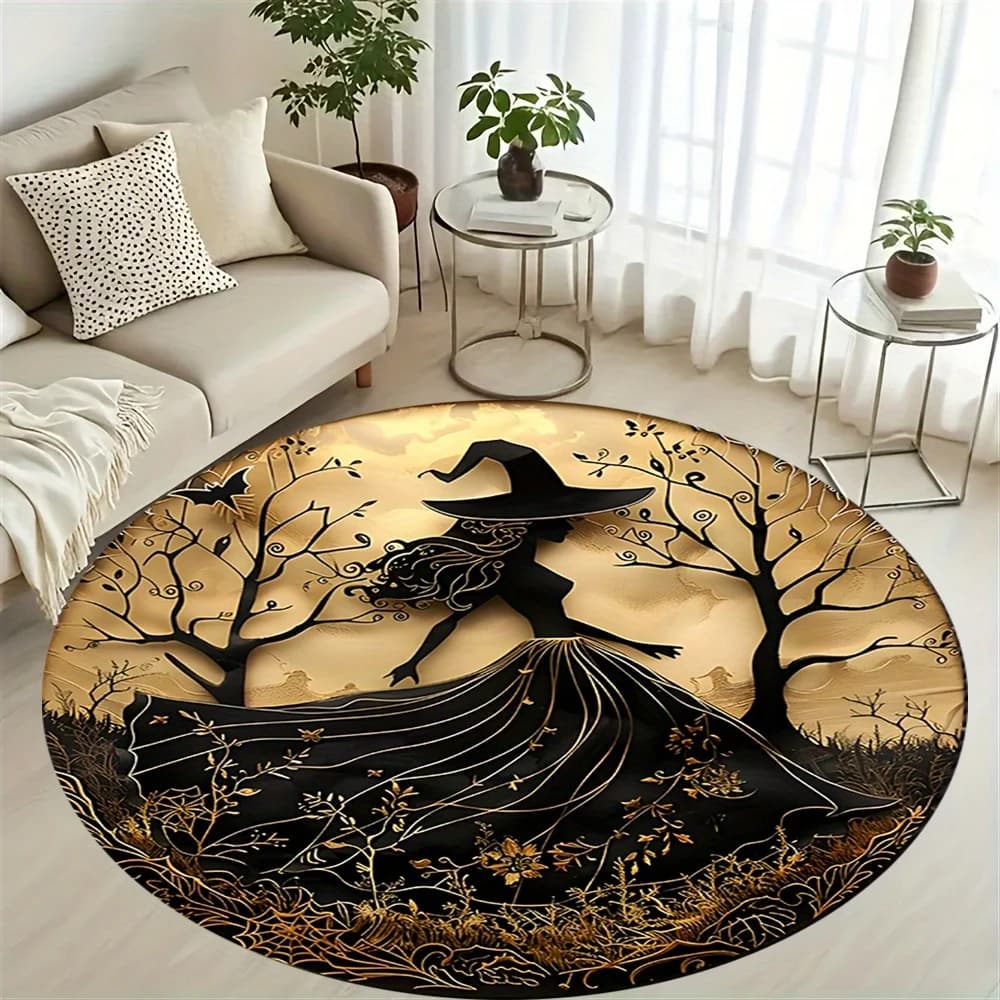 1 tappetino rotondo a tema Halloween con design Evil Witch - Morbido poliestere in flanella, lavabile in lavatrice, ideale per cucina, camera da letto