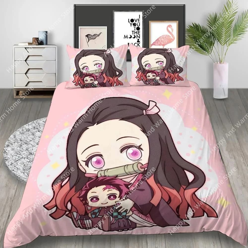 Cartoon Demon Slayer Set biancheria da letto Copripiumino Giappone Anime 3D stampato Set biancheria da letto consolatore Biancheria da letto Biancheria da letto (SENZA lenzuolo)