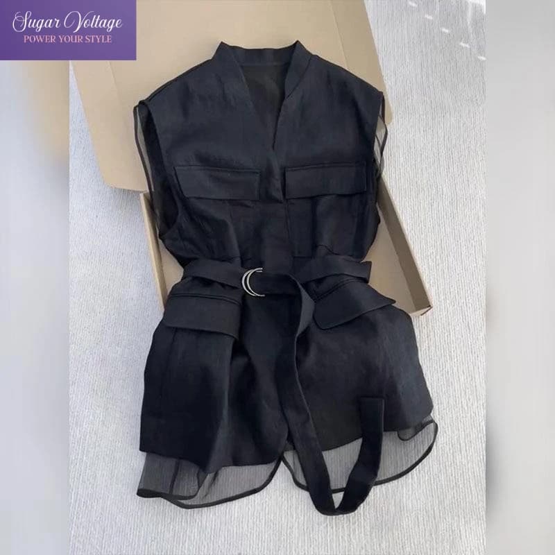 Coreano Estate 2025 Nero Gilet senza maniche Top per le donne Scollo a V Vita sottile Maglia Patchwork Camicia Elegante ufficio Gilet casual