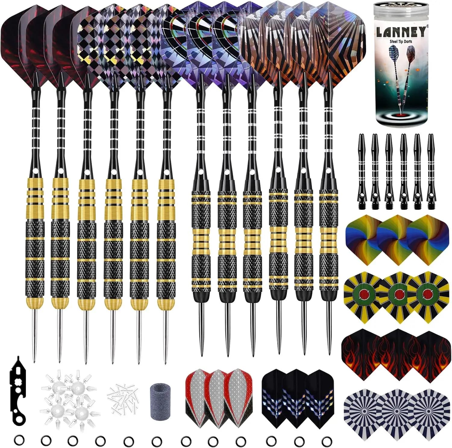 Set Professionale di Freccette con Punta in Acciaio, Affilatore, Aste in Alluminio, Corpi in Ottone, Custodia e Alette Extra