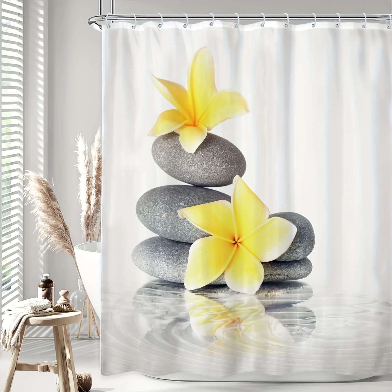 Tenda da doccia Zen Stones da 1 pezzo - Design orientale floreale giallo, 12 ganci, 60Lx72H", arredamento bagno spa e meditazione