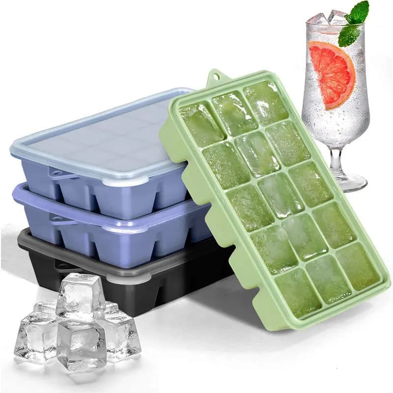 Set di 3 Stampi per Cubetti di Ghiaccio per Cocktail e Whisky, 15 Scomparti Quadrati, in Silicone Alimentare, con Coperchio, Accessori da Bar