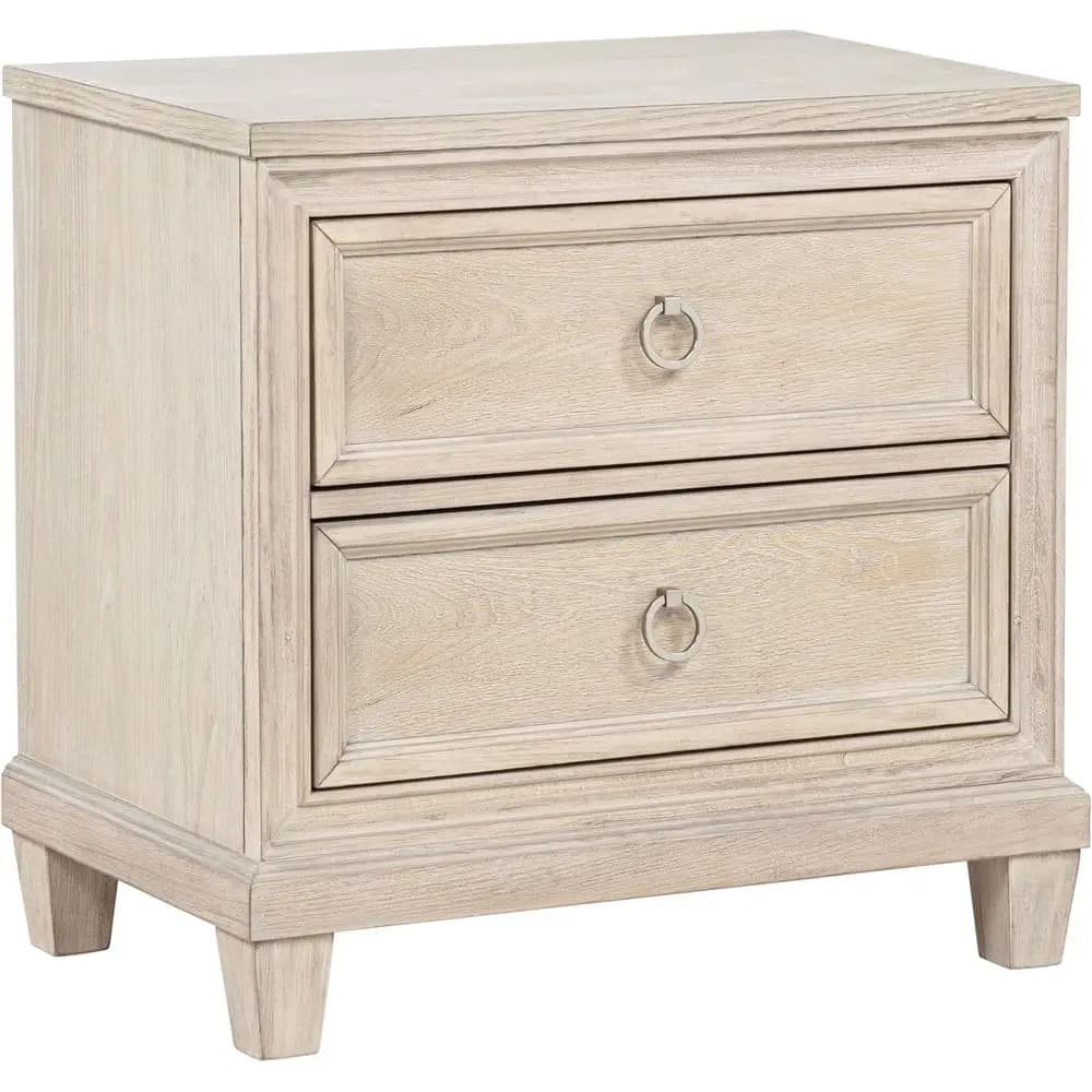 Comodino in Legno Rosa con 2 Cassetti, Maniglie ad Anello, Bordi Sfumati, Gestione Cavi e Finitura Effetto Legno - Finitura Rovere Lavato - Camera da Letto