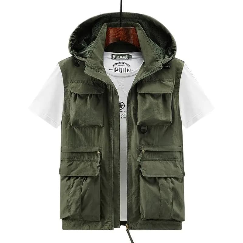 Gilet Casual da Uomo Multitasche, Giacca Senza Maniche con Cappuccio, Gilet Tattico per Pesca e Alpinismo, Logo Personalizzato Stampato, 6XL