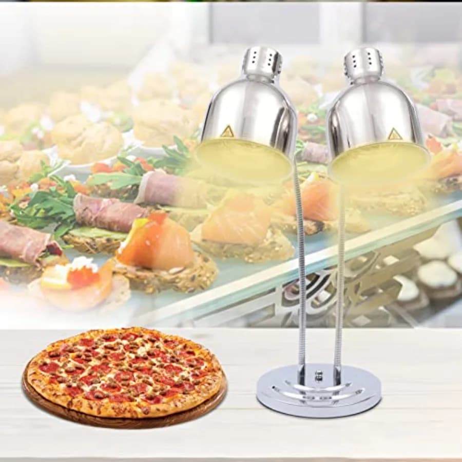 Commercial food warming lamp for kitchen, cafeteria, restaurant, buffet: 2-head adjustable 500W electric heating lamp, silver a