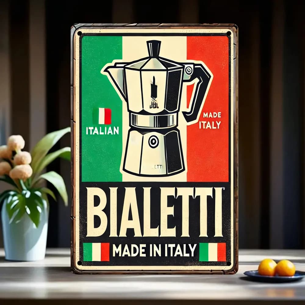 1 Vintage Bialetti Italian Espresso Metal Sign () - Rustic Wall Decor Featuring Flag Colors, Perfect for Kitchen, Cafe,