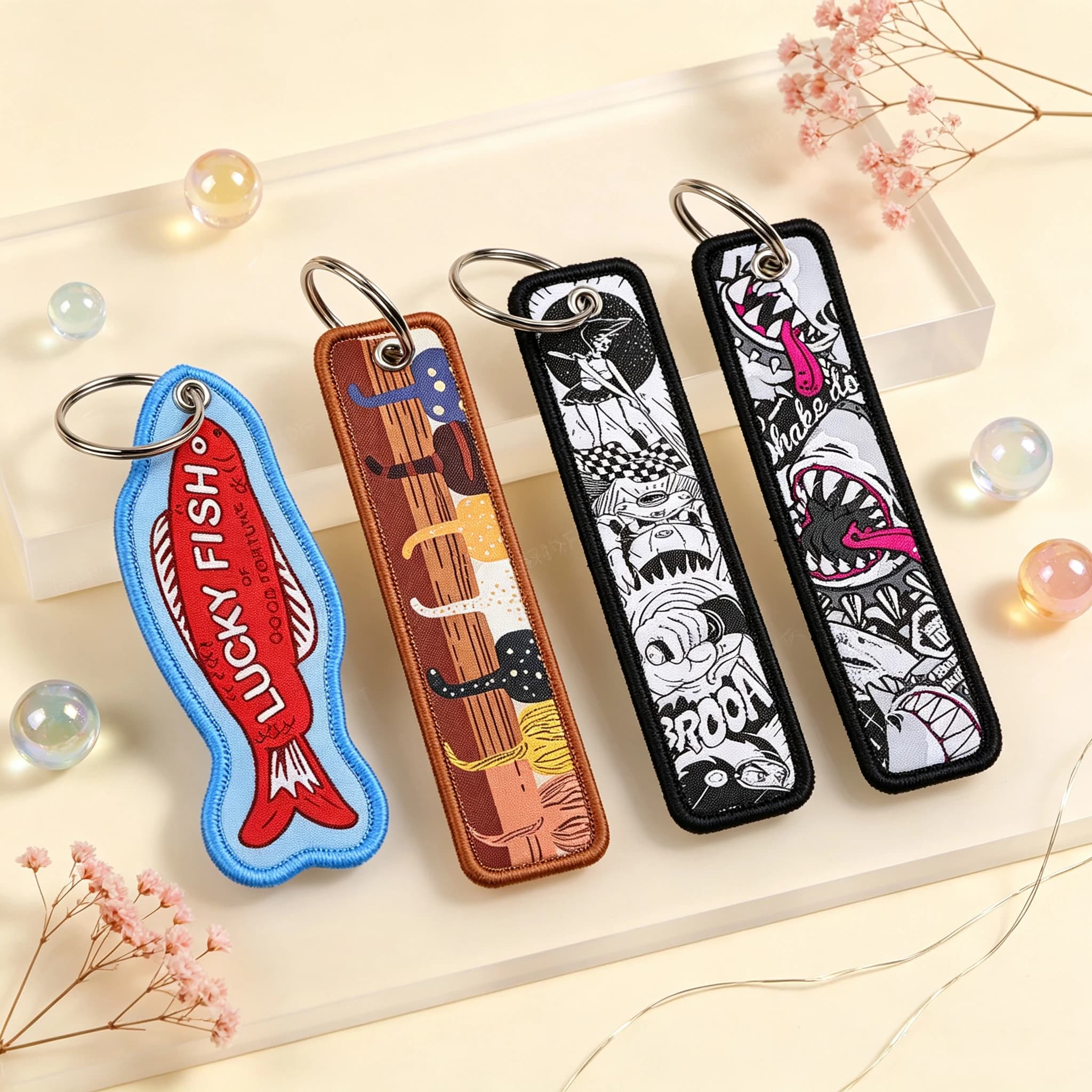 Cartoon Cats Keychain for Cars Backpack Key Holders Cool Shark Luck Fish Embroidery Keyrings Key Tag Jet Tag Accessories Gifts
