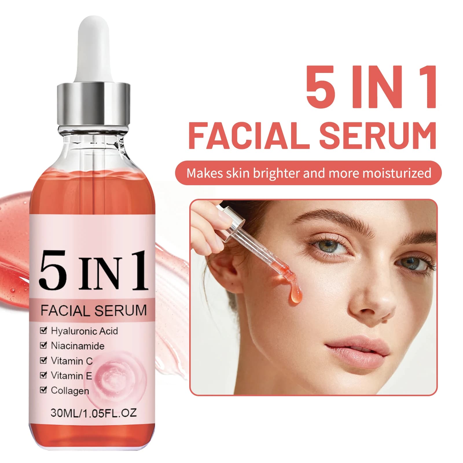 Siero Viso Illuminant and Rassodante 5-in-1 30ml - Hyaluronic Acid, Vitamin C, Niacinamide, Vitamin E and Collagen for a Skin Radiose and Young