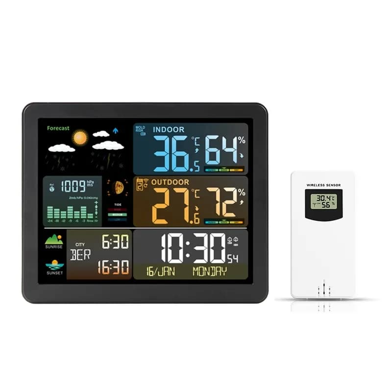 Watch with digital weather station Temperature and humidity meter for indoor and outdoor weather forecast Wireless electronic table clock