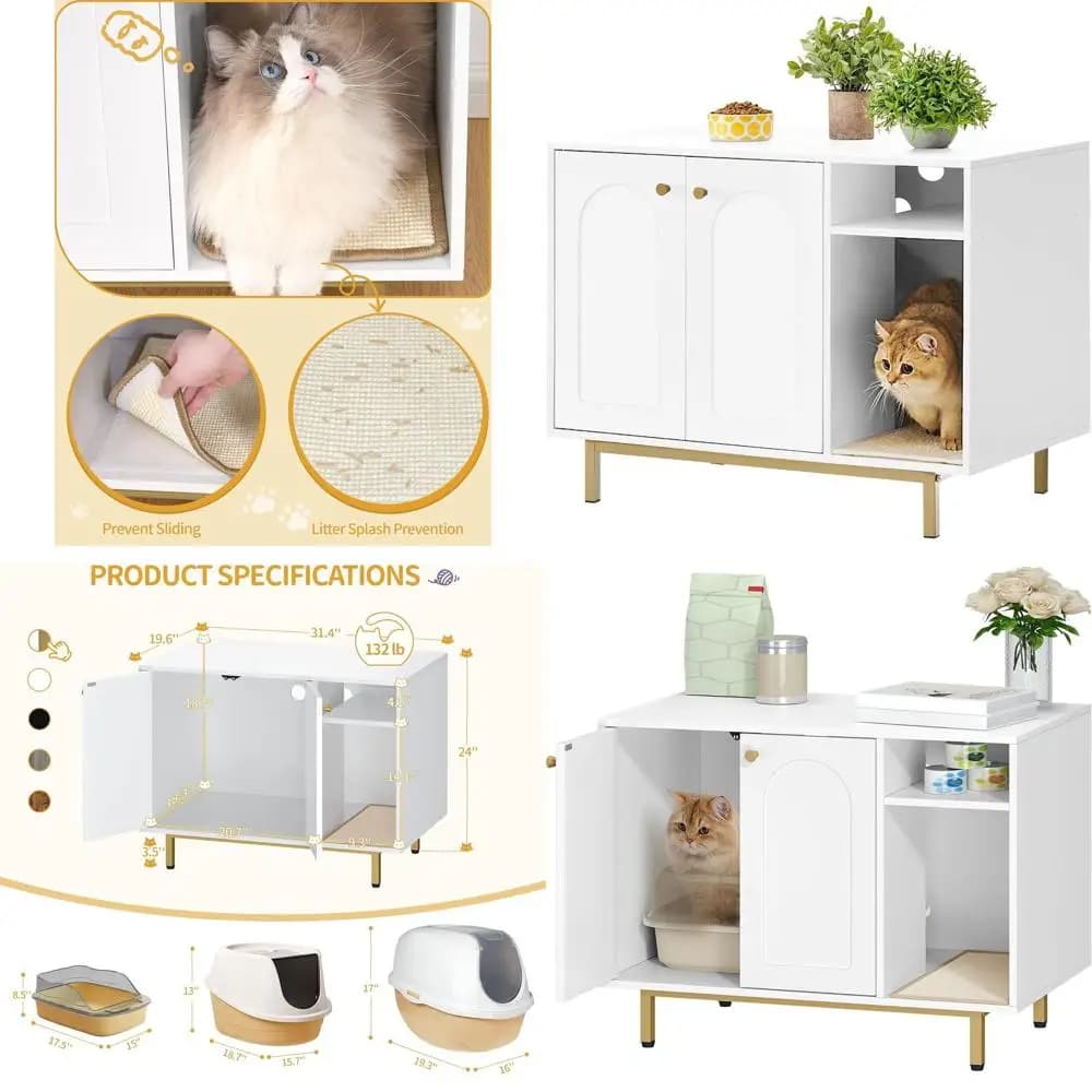Casetta per Gatti in Legno Bianca e Oro con Contenitore per Lettiera e Spazio di Stoccaggio, Grande Cuccia per Gatti da Interno, Adatta per Soggiorno o Ingresso