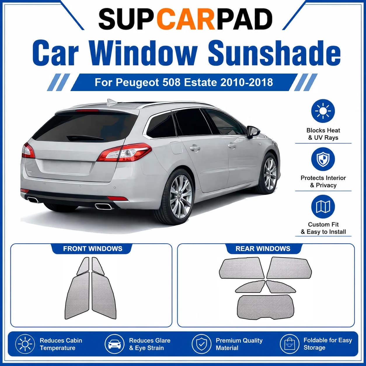 For Peugeot - Peugeot 508 Estate 2010-2018 Full Set Car Window Sunshades UV Block Privacy Heat Insulated Foldable Car Curtain