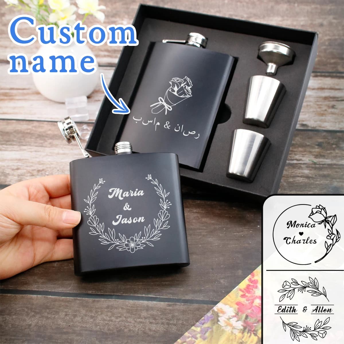 Set di fiaschette portatili con nomi personalizzabili, fiaschetta personalizzata per uomo, fiaschetta in acciaio inossidabile personalizzabile.