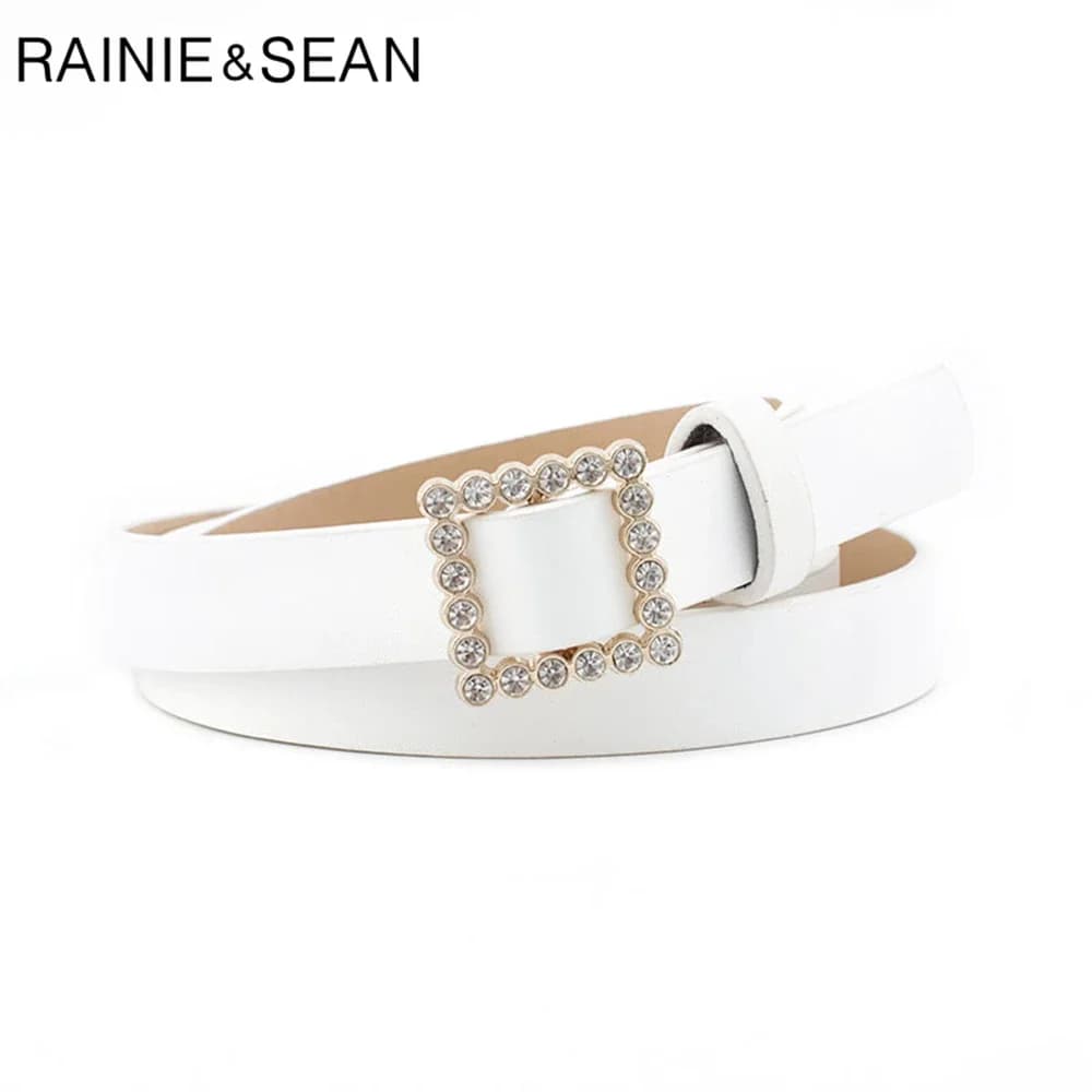 RAINIE SEAN Cintura da donna bianca con fibbia in strass Senza fori Cintura in vita Moda Solid White Cintura per pantaloni sottili da donna 107 cm Moda