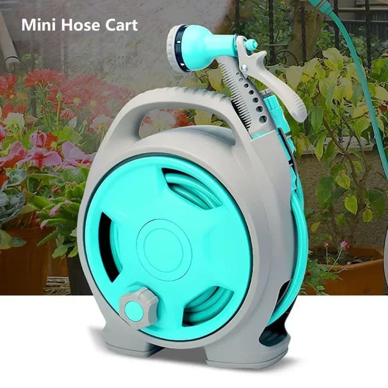 Pistola ad acqua da 15 m + set di giunti universali Carrello portatile Avvolgitubo per tubo dell'acqua da giardino retrattile con carrello per autolavaggio da giardinaggio