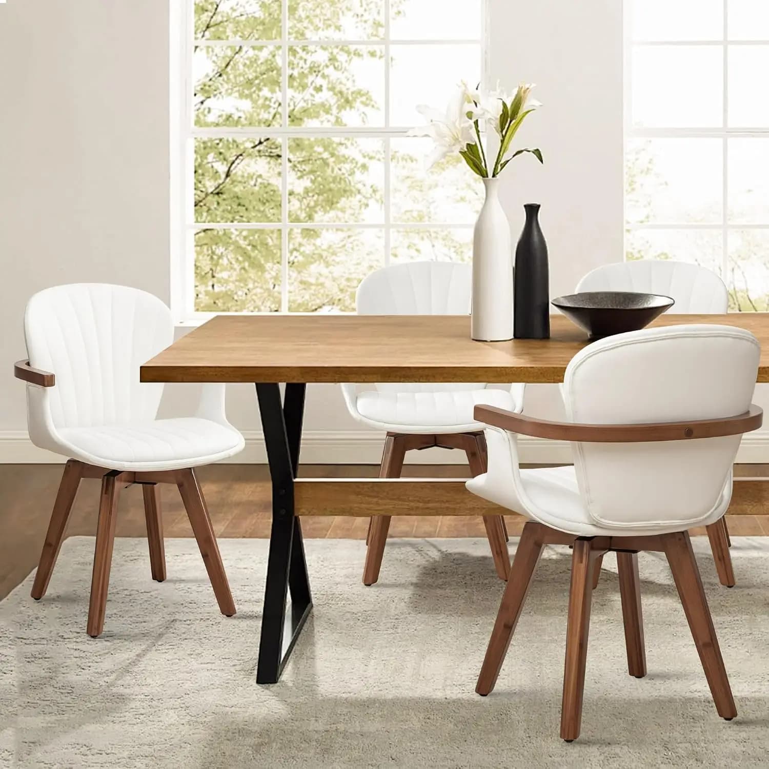 Swivel Dining Chairs Set of 4, Mid Century Modern White Faux Leather Kitchen Chairs with Arms,Bamboo Legs Side Chairs, Custom