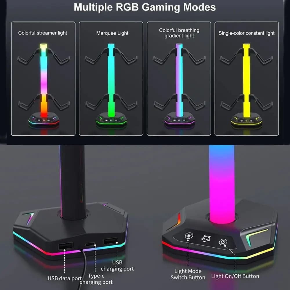 Supporto per Cuffie con Luce RGB Antiscivolo Multifunzionale Porta Gamepad con Trasmissione Dati Supporto da Scrivania per Cuffie per Playstation5/PS5