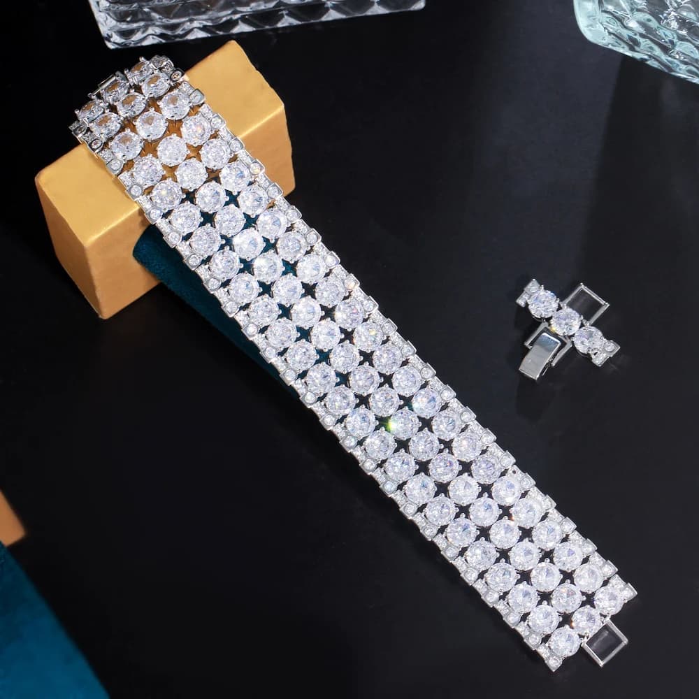 CWWZircons Super Luxury Shiny Multi Layer Round Cubic Zircon Statement Wide Big Bracelets for Women Wedding Party Jewelry S0249