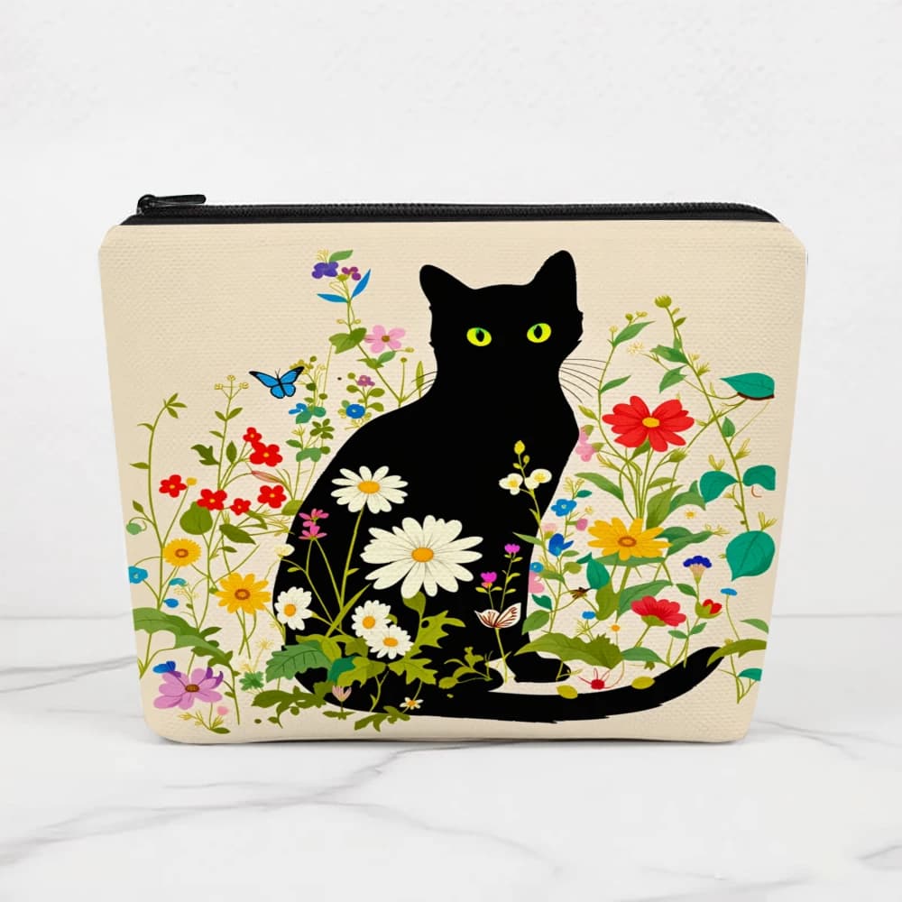 Borse per il trucco con design floreale Black Cat per ragazze, pochette per cosmetici, borsa da toilette, astuccio per matite, custodia da viaggio