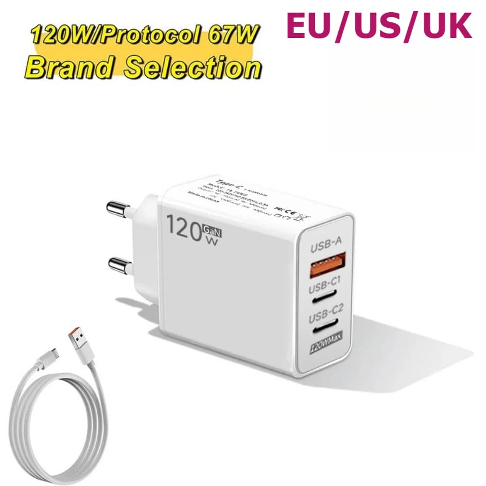 120W USB Type C Charger Fast Charging Mobile Phone Charger for iPhone 16 15 Pro Samsung S24 Xiaomi Quick Charge 3.0 Wall Adapter
