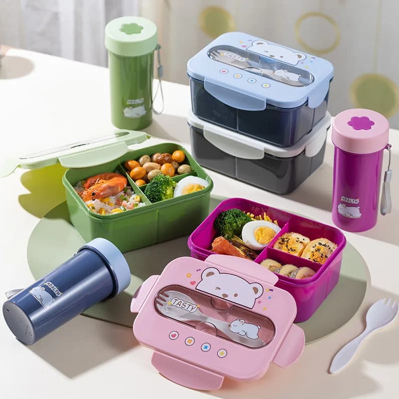 Set Porta Pranzo Senza BPA con Bottiglia d'Acqua - Contenitori Ermetici da 1200ml per Scuola/Ufficio, Scatola Bento in Plastica Adatta al Microonde