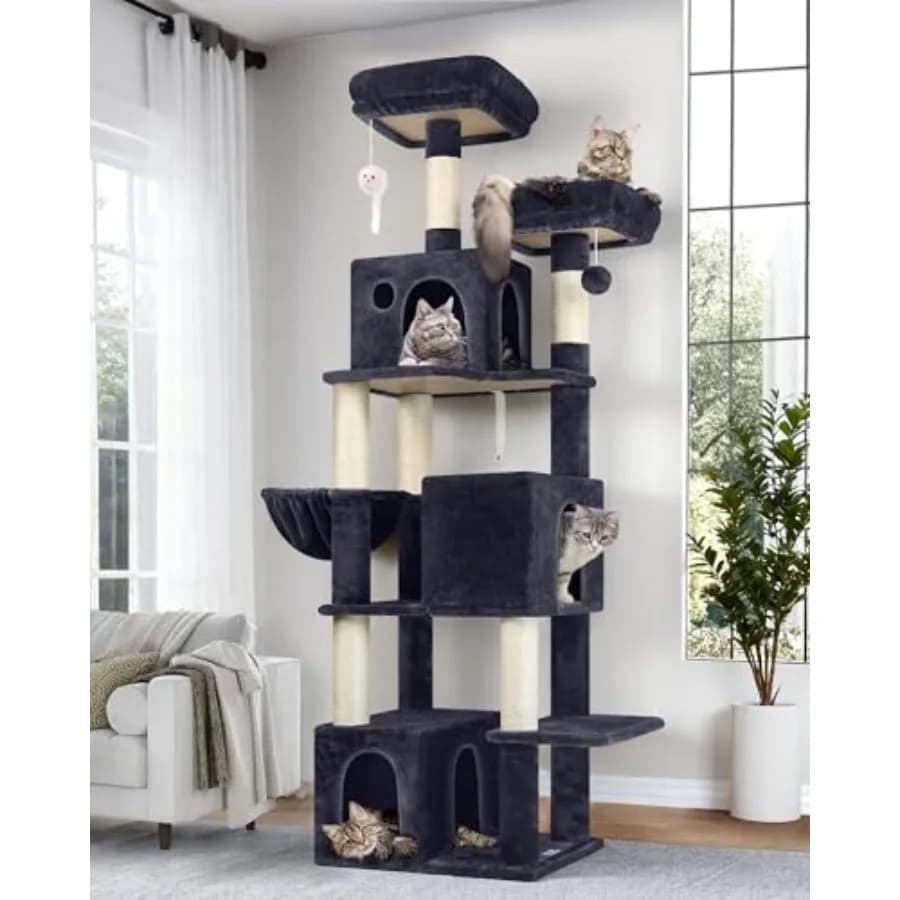 Albero per gatti alto 180 cm per gatti adulti da interno, multi-livello con 3 cucce, posti per grattare, morbido cesto sospeso extra large, colore scuro G