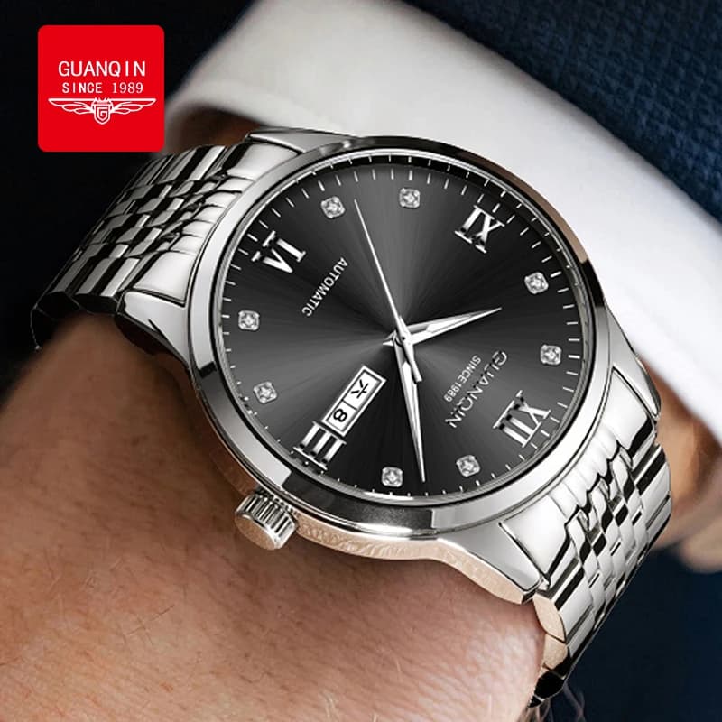 Automatic GUANQIN Men's Automatic Mechanical Watch, Stainless Steel Strap, Casual Business Style, Original Brand, With Night Light, Waterproof