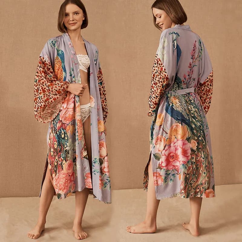 Beach Kimono for Women Peocock Printed Swimsuit Cover Up Self Belted Wrap Dresses Seaside Bathing Suits Beachwear