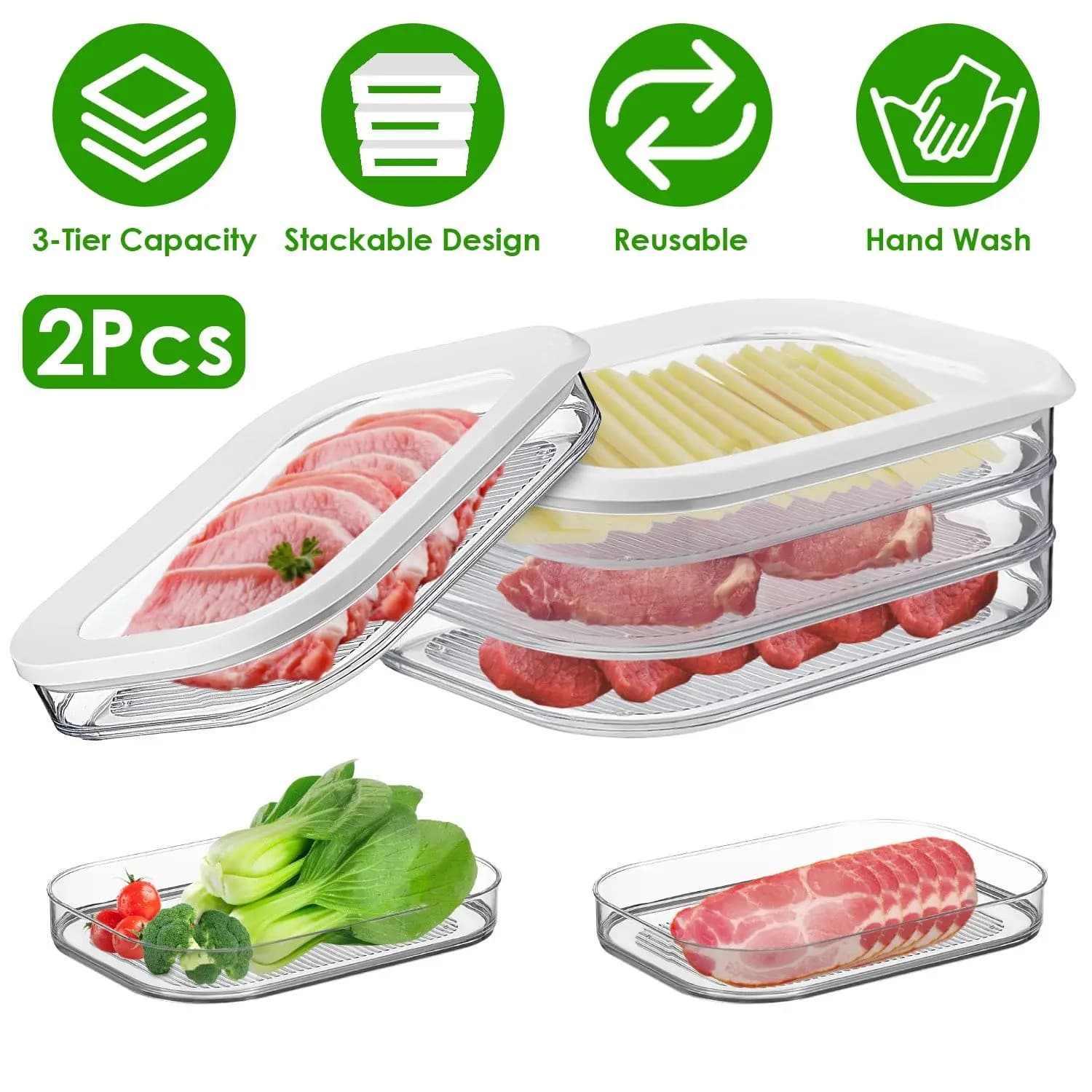 Per 2 pezzi contenitore per carne Deli con coperchio per frigorifero contenitore per pancetta impilabile scatola trasparente per alimenti con coperchio contenitore per la preparazione dei pasti f