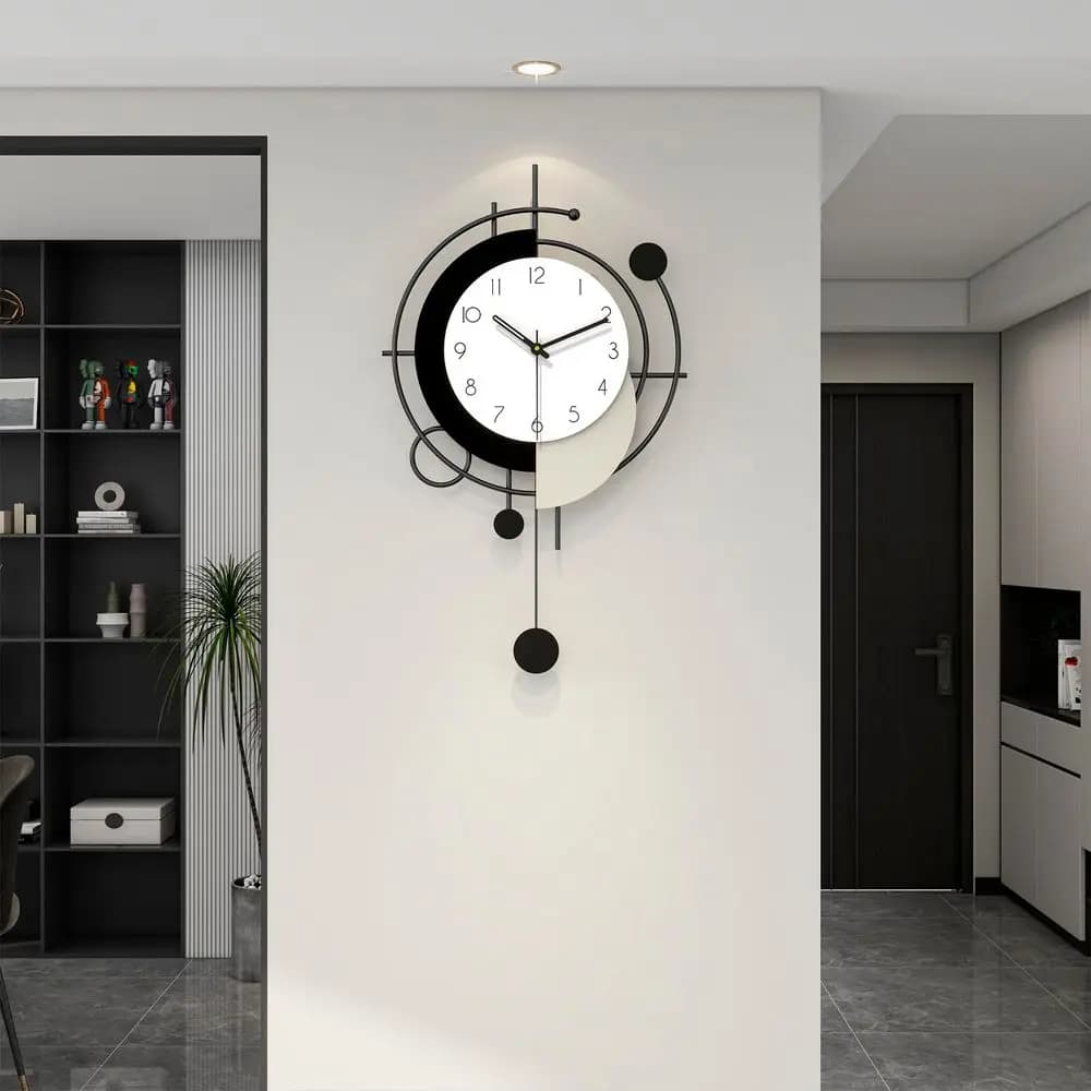 Orologio da Parete per Arredamento Soggiorno, Moderno Orologio Decorativo in Legno Nero con Pendolo, Funzionamento a Batteria Silenzioso per Cucina