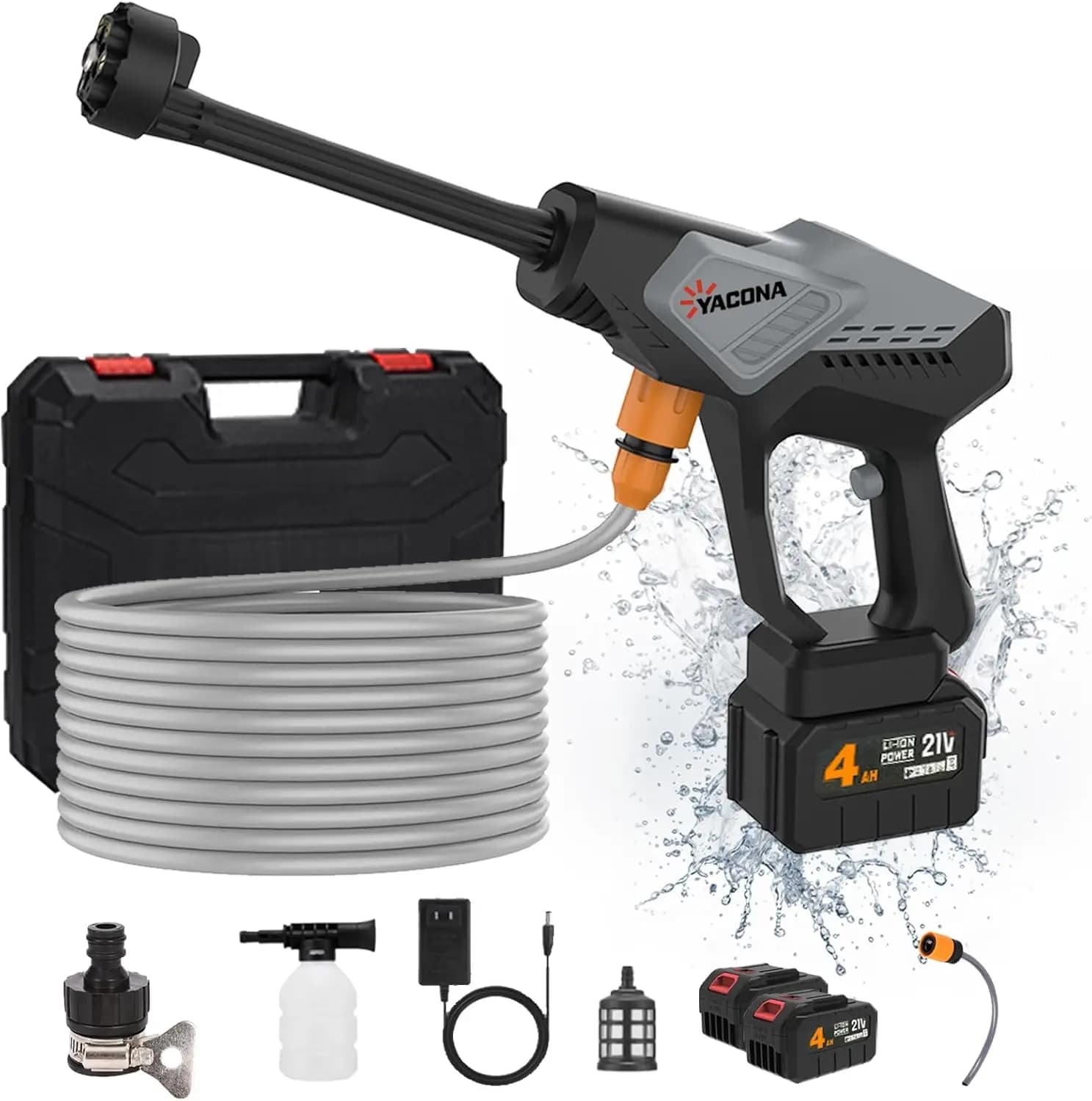 Portable 800 PSI washing machine, 6 nozzle in 1, 2×4,0 Ah batteries, 32.8 feet tube for car, garden, house cleaning