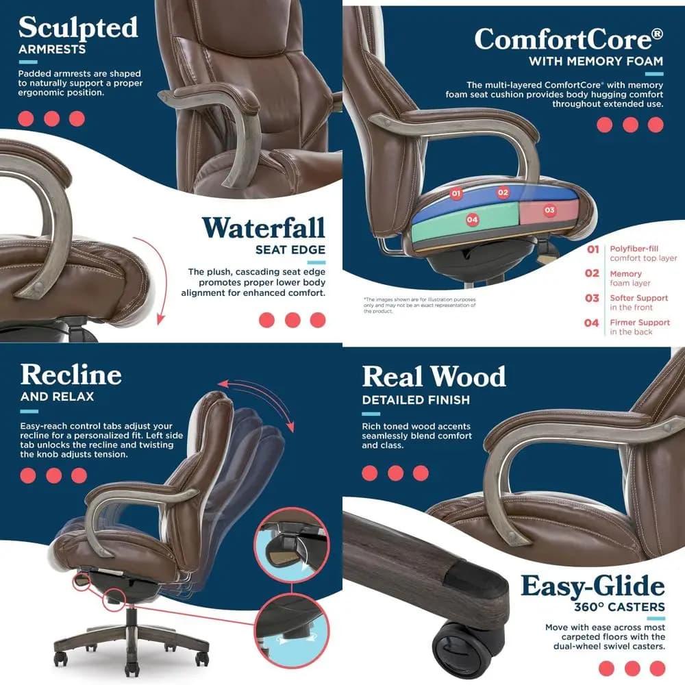 Ergonomic office chair with memory foam cushion, lumbar support, antiqued grey armrests, swivel base, chestnut-coloured glued skin