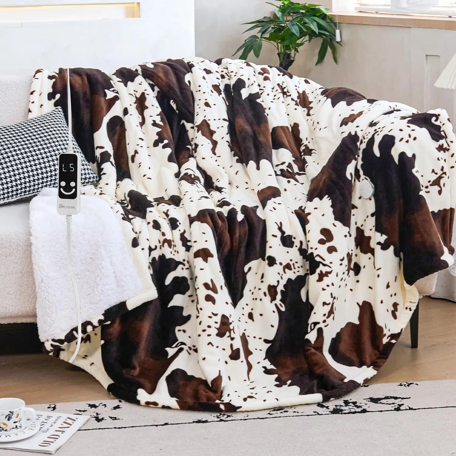 Coperta Termica con Stampa Mucca 50x60 Pollici, 5 Livelli di Calore, Spegnimento Automatico 12 Ore, Morbido Pile Sherpa, Lavabile in Lavatrice, Certificata ETL e FCC