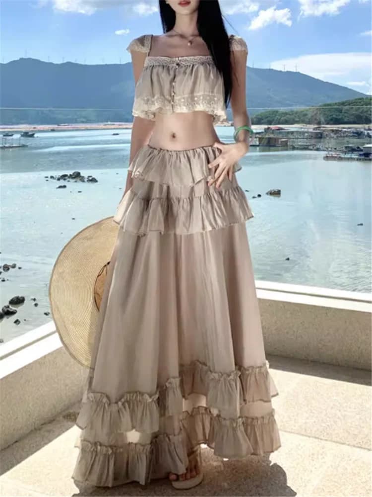Set 2 Pieces Boho Beach Dress Summer 2026 New Holiday Complex with Top Corto and Maxi Long Gonna with Volant - Fatato Style