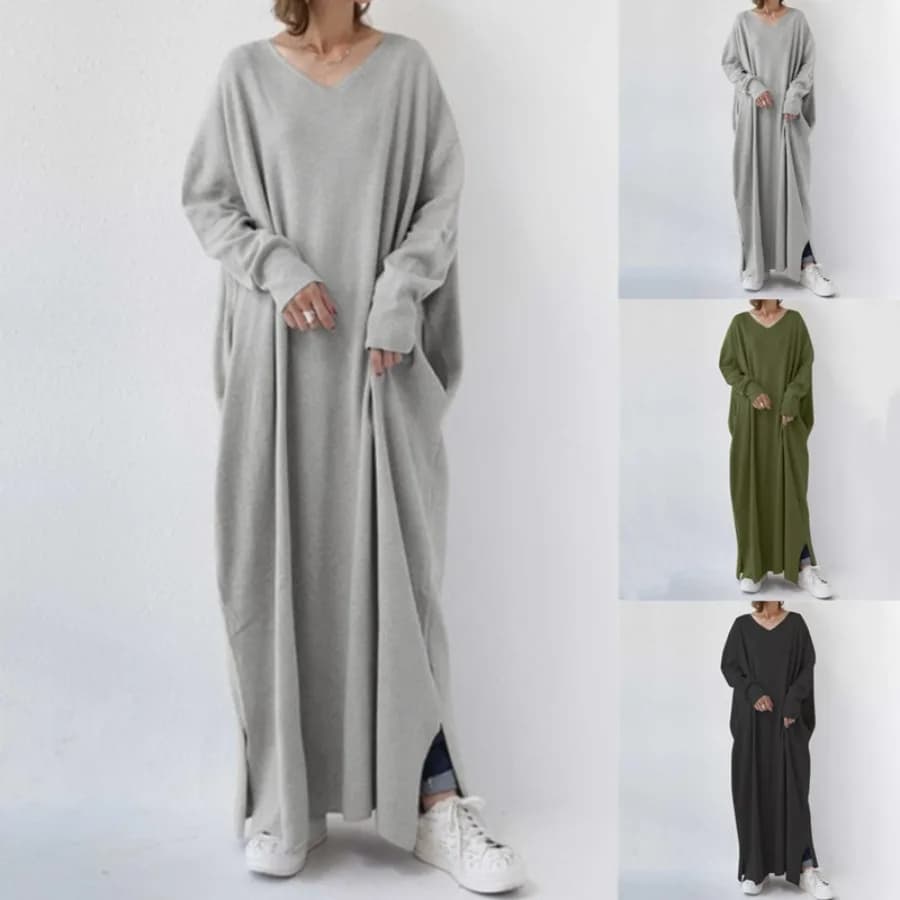 【New style】Autumn and winter simple loose casual women's clothing long sleeve V-neck large swing dress sweater skirt