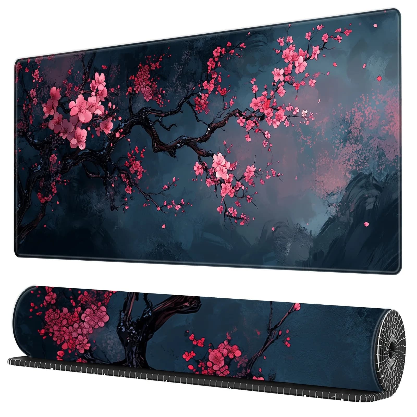 Night Cherry Blossom game mouse pad, desk mat with washable rubber extension, large non-slip base with 2 mm closure, Japanese style wor