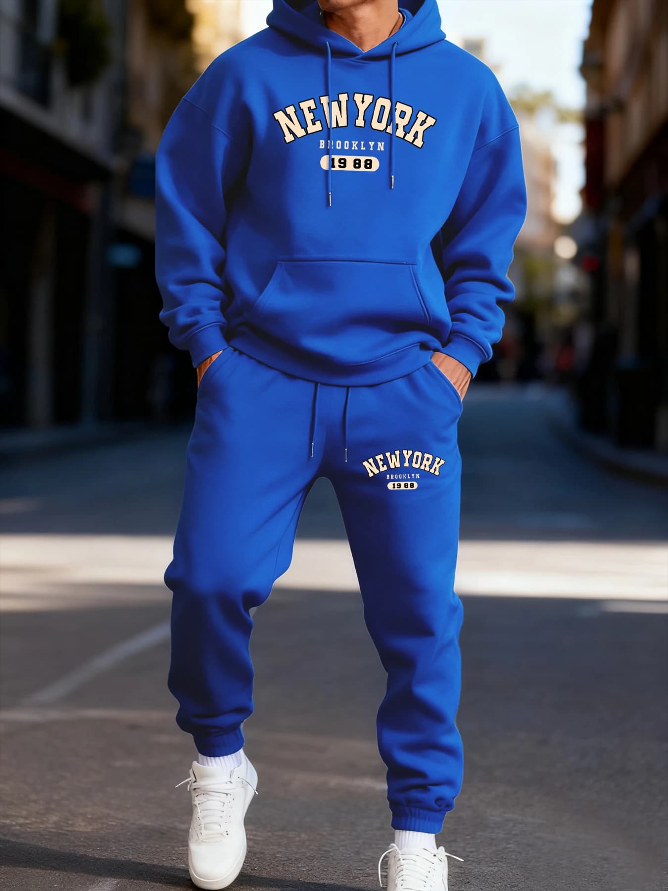 New York Brooklyn 1988 Stampa Felpa con cappuccio da uomo Set Moda confortevole Due pezzi Set da jogging Pantaloni sportivi larghi Tasca in pile Abbigliamento