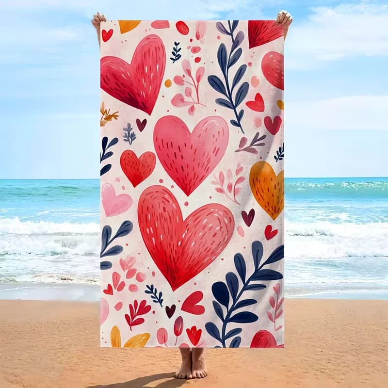 Telo Mare con Stampa Floreale a Cuore Acquerello, Asciugatura Rapida, Anti-Sabbia, Assorbente, Ideale per Viaggi Estivi e Vacanze al Mare