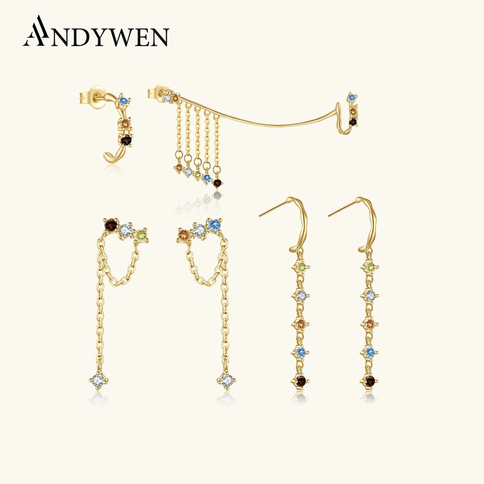 ANDYWEN 925 Sterling Silver Lunga Catena Orecchino di Goccia Catena di Salvia Pendienete Arcobaleno CZ Cristallo di Lusso Rock Punk Gioielleria Raffinata