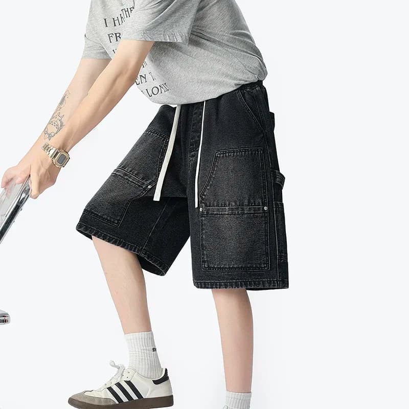 American Fashion Street Workwear Denim Shorts Summer Thin Loose Casual Five Quarter Pants Harajuku Style Rivet Hip-hop Shorts