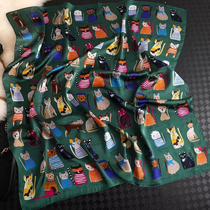 Nuova Moda Estiva: Foulard Quadrato in Seta per Donne, con Motivo Gatto, Fascia per Capelli in Raso, Hijab da Spiaggia, Copricapo Femminile