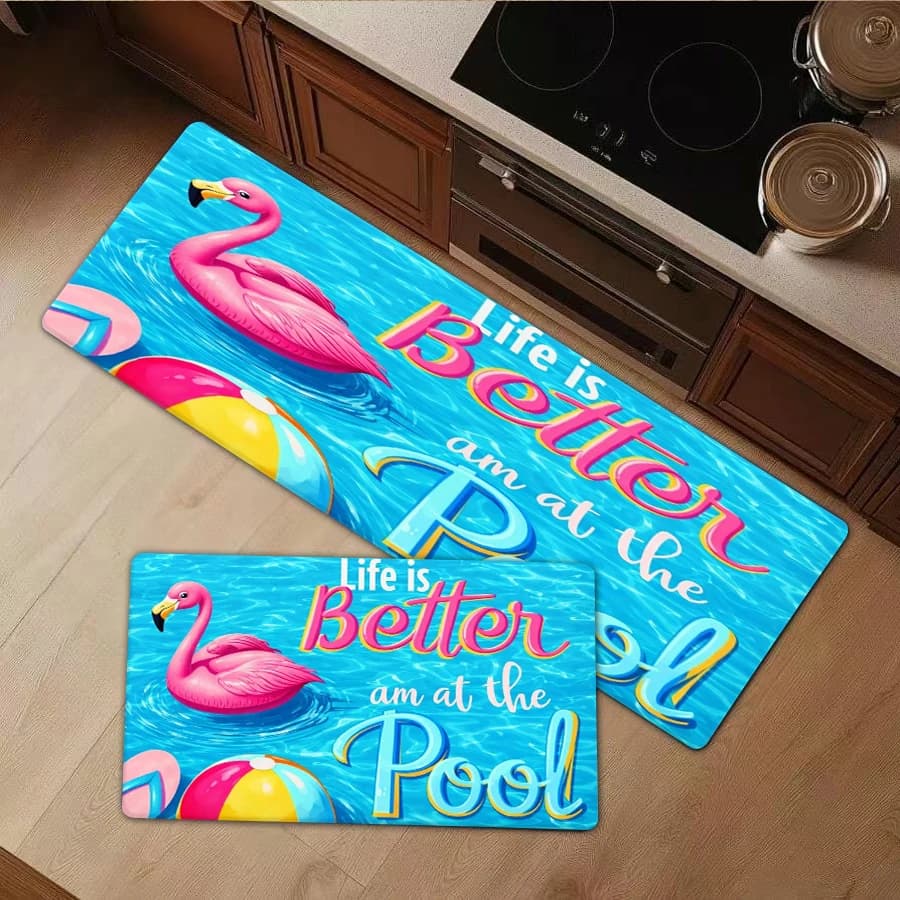 1/2/3Pcs Flannel Kitchen Mat—Summer Flamingo Floor Mat Life Is Better At The Pool Decorative Rug Flannel Carpet Modern Bathroom Kitchen Decor Beach Theme Area Mat—Soft,Comfortable,Suitable For Bathroom,Bedroom,Kitchen,Laundry Room