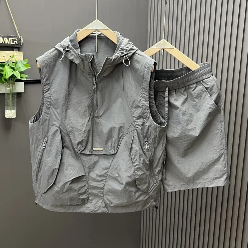 Set of 2 vests with casual and fashionable hood, short men's shorts, summer workwear, complete without thin sleeves and wide for couple