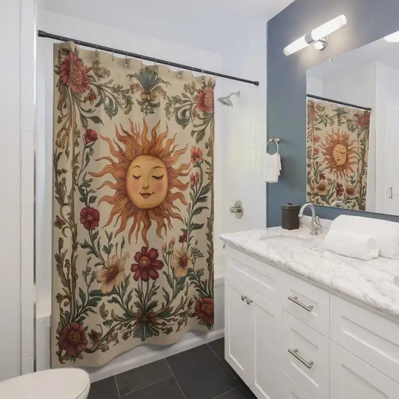 Tenda da doccia floreale Sunshine - Design Art Nouveau, regalo per l'arredamento del bagno con raggi di sole colorati per lei